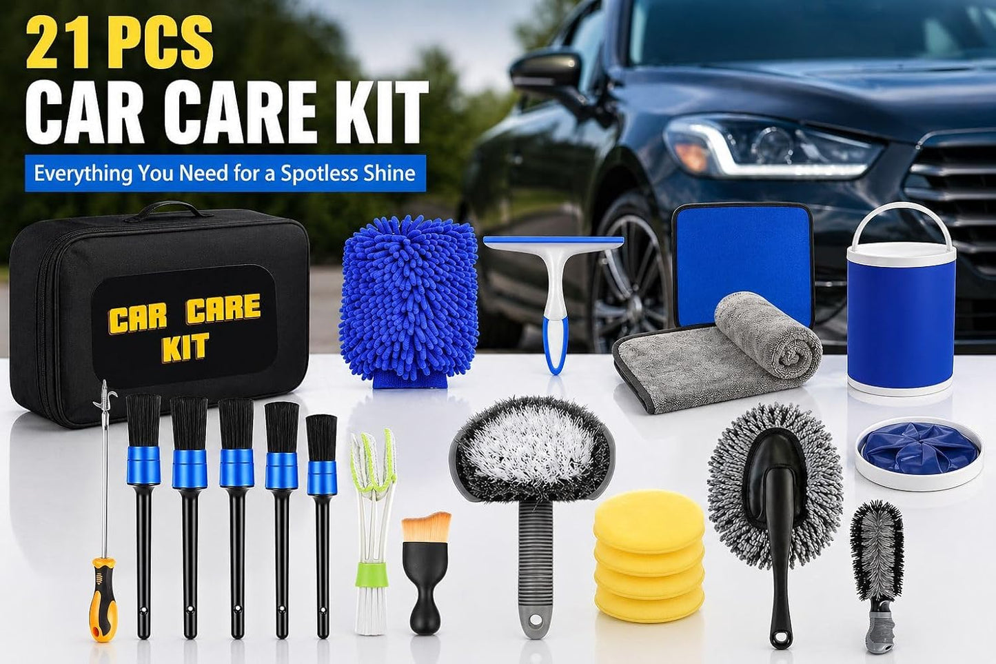 Car Cleaning Kit 21Pcs with 11L Foldable Bucket – Complete Car Wash Kit for Interior & Exterior – Car Detailing Kit with 6 Brushes – Car Cleaning Tools & Car Care Gift Set for Men & Women