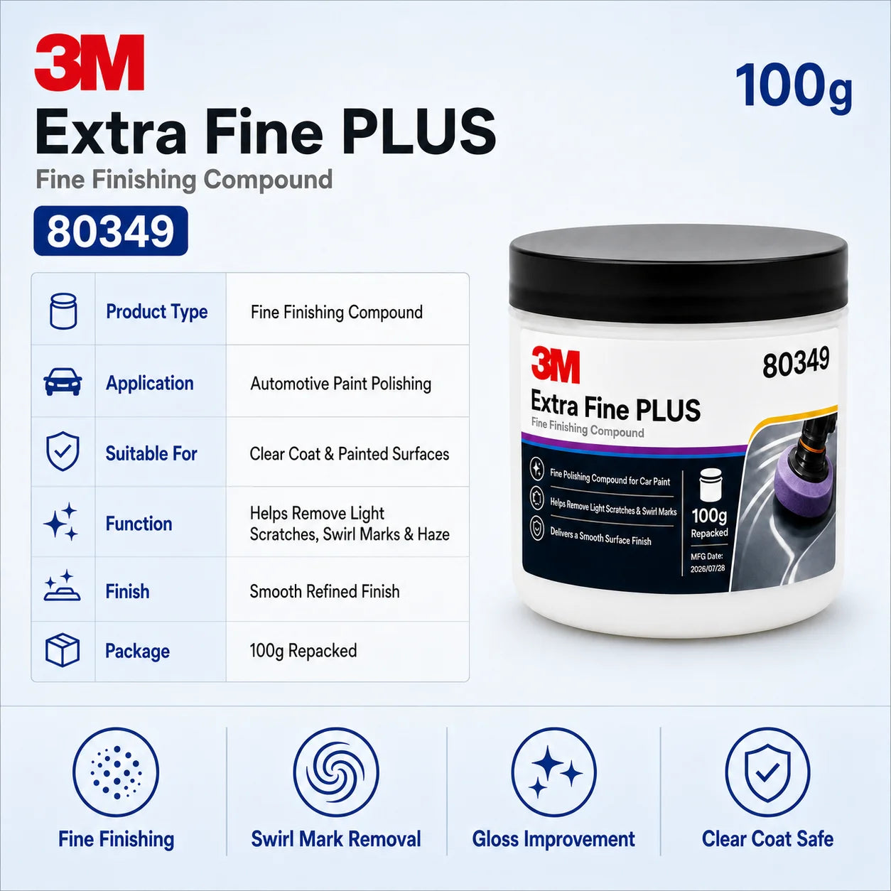 51815 Fast Cut plus Extreme Polishing Compound High Cut Scratch Remover for Car Paint Refinishing Auto Detailing 100G Repacke