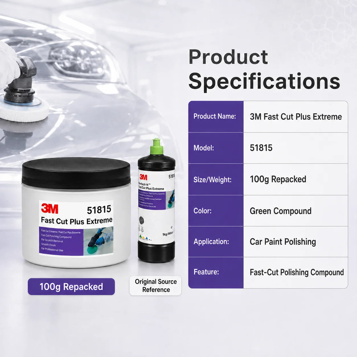 51815 Fast Cut plus Extreme Polishing Compound High Cut Scratch Remover for Car Paint Refinishing Auto Detailing 100G Repacke
