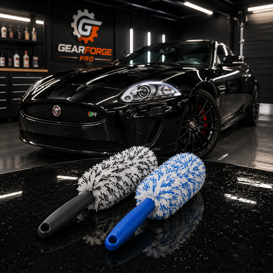 Car detailing brushes for cleaning wheels and exterior surfaces