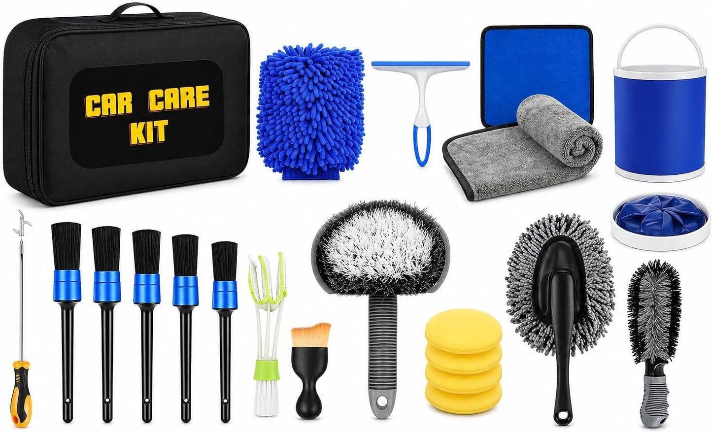 Car Cleaning Kit 21Pcs with 11L Foldable Bucket – Complete Car Wash Kit for Interior & Exterior – Car Detailing Kit with 6 Brushes – Car Cleaning Tools & Car Care Gift Set for Men & Women