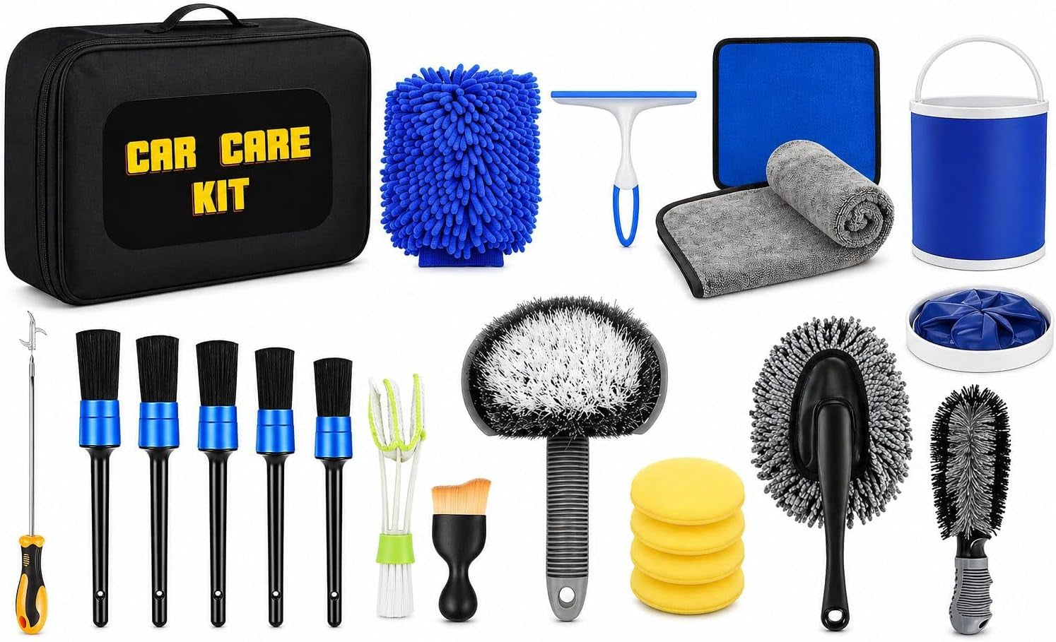 Car Cleaning Kit 21Pcs with 11L Foldable Bucket – Complete Car Wash Kit for Interior & Exterior – Car Detailing Kit with 6 Brushes – Car Cleaning Tools & Car Care Gift Set for Men & Women