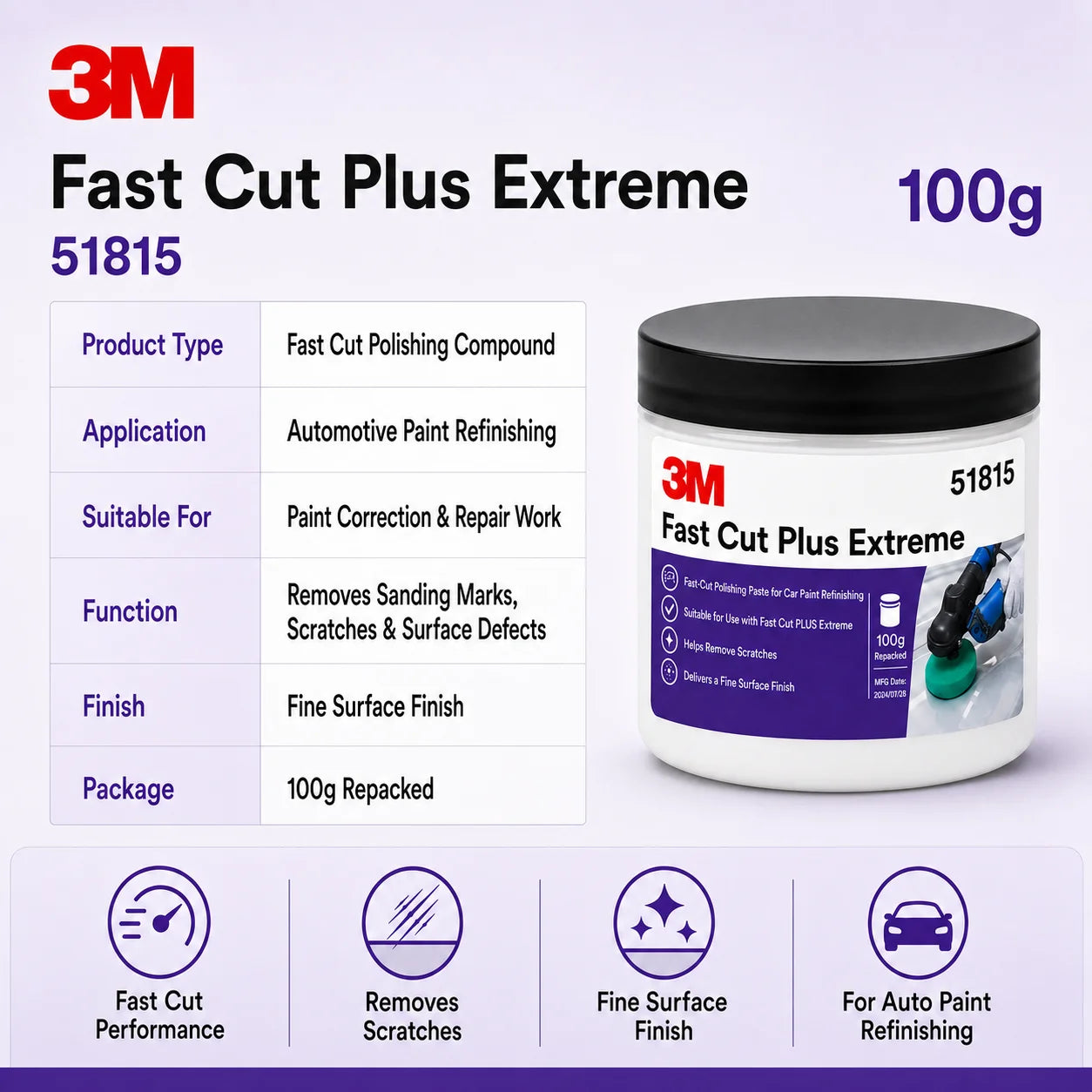 51815 Fast Cut plus Extreme Polishing Compound High Cut Scratch Remover for Car Paint Refinishing Auto Detailing 100G Repacke